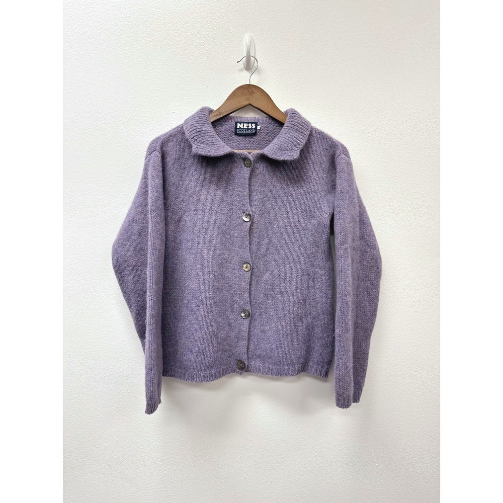 Vintage NESS Scotland Pure New Wool Knit Button Cardigan Purple L